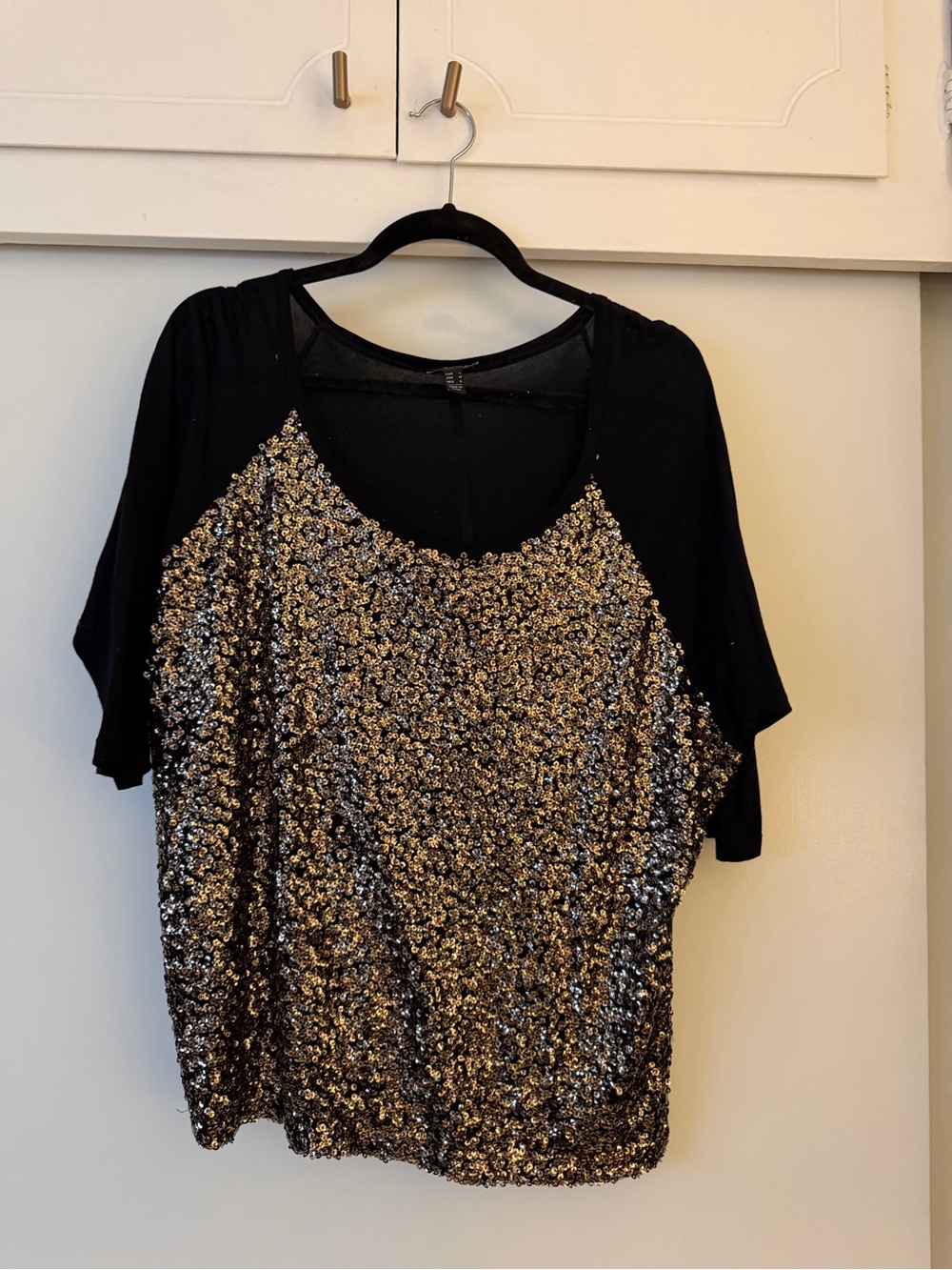 Mango Black and Silver Sequin Scoop-Neck Top